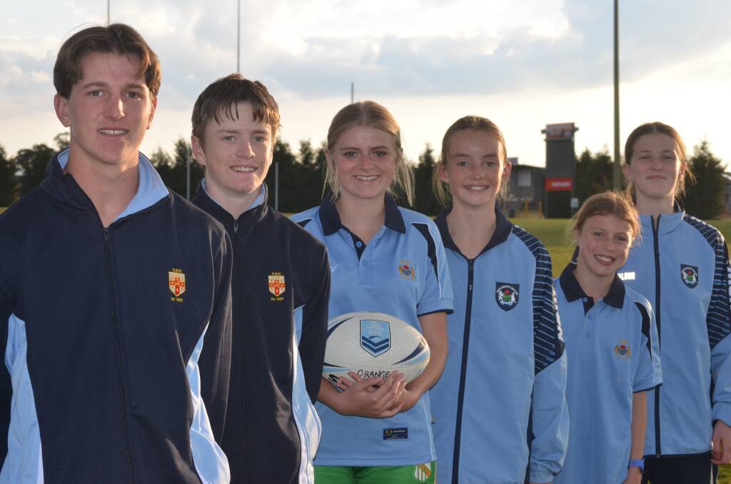 Taj Jordan, Sam Hill, Lucy Martin, Tess Hill, Mackenzie Thornberry-Ruddy and Clancy Simmons in their NSW touch football gear. Picture by Dominic Unwin